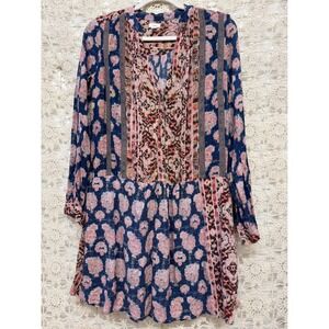 Boho Patchwork Floral Print Dress Tunic V Neck Long Sleeve Pockets Size S‎